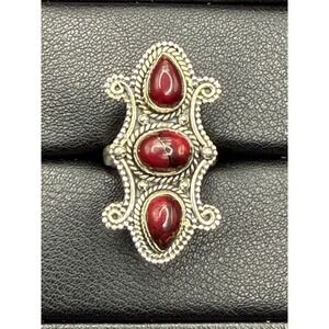 EUC Sterling Silver Red Dahlia Turquoise Ring Size 7 J23